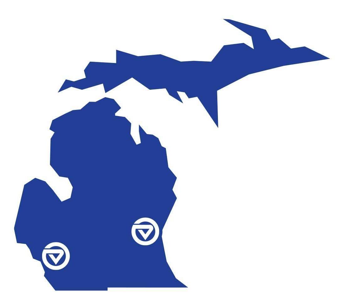 Map of Michigan with GVSU marked in Allendale and Detroit.